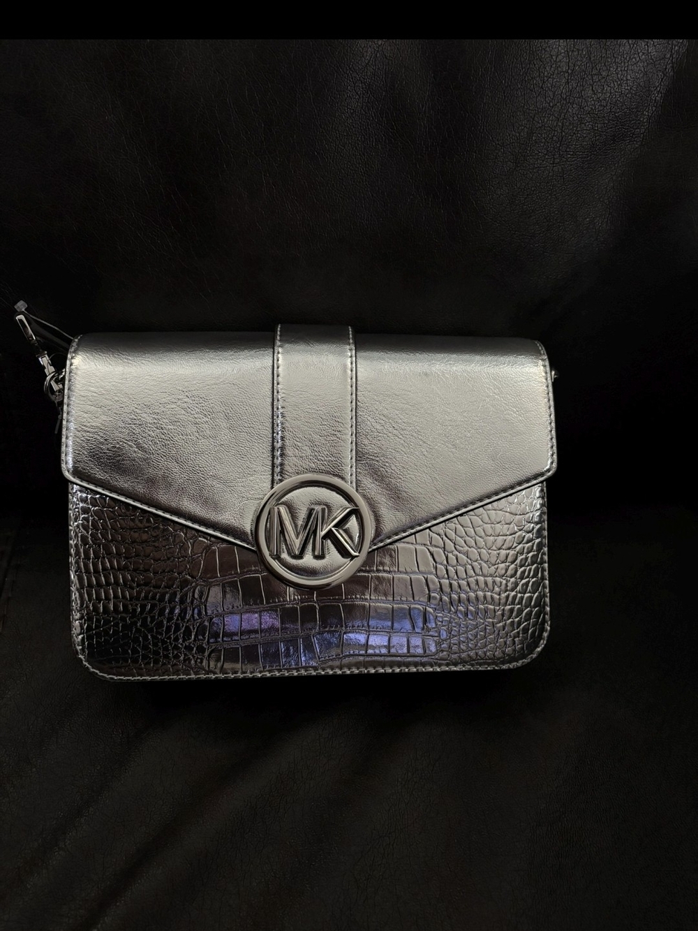 Michael Kors Metallic Silver Croc-Embossed Crossbody Bag